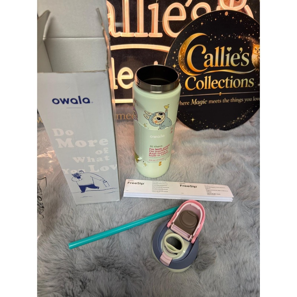Owala FreeSip Water Bottle Labubu 24oz Mint Green Limited Edition Graphic NIB - Picture 2 of 7